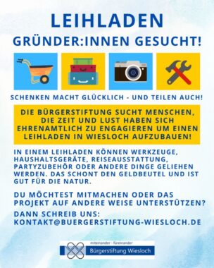 Aufruf: Leihladen Gründer:innen gesucht! Die Bürgerstiftung sucht Menschen, die Zeit und Lust haben sich ehrenamtlich zu engagieren, um einen Leihladen in Wiesloch aufzubauen.